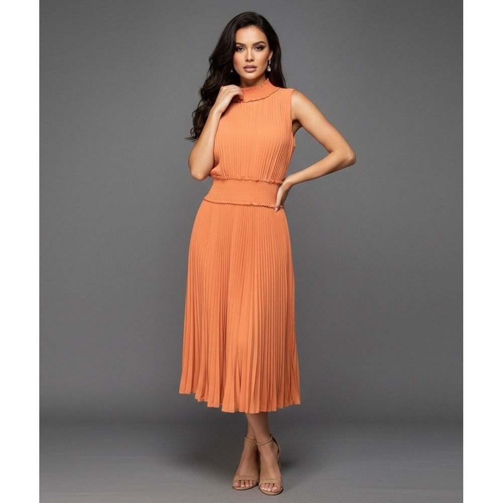 Nanette Lepore Womens Sleeveless Smock Neck Pleated Midi Coral Orange Dress 2